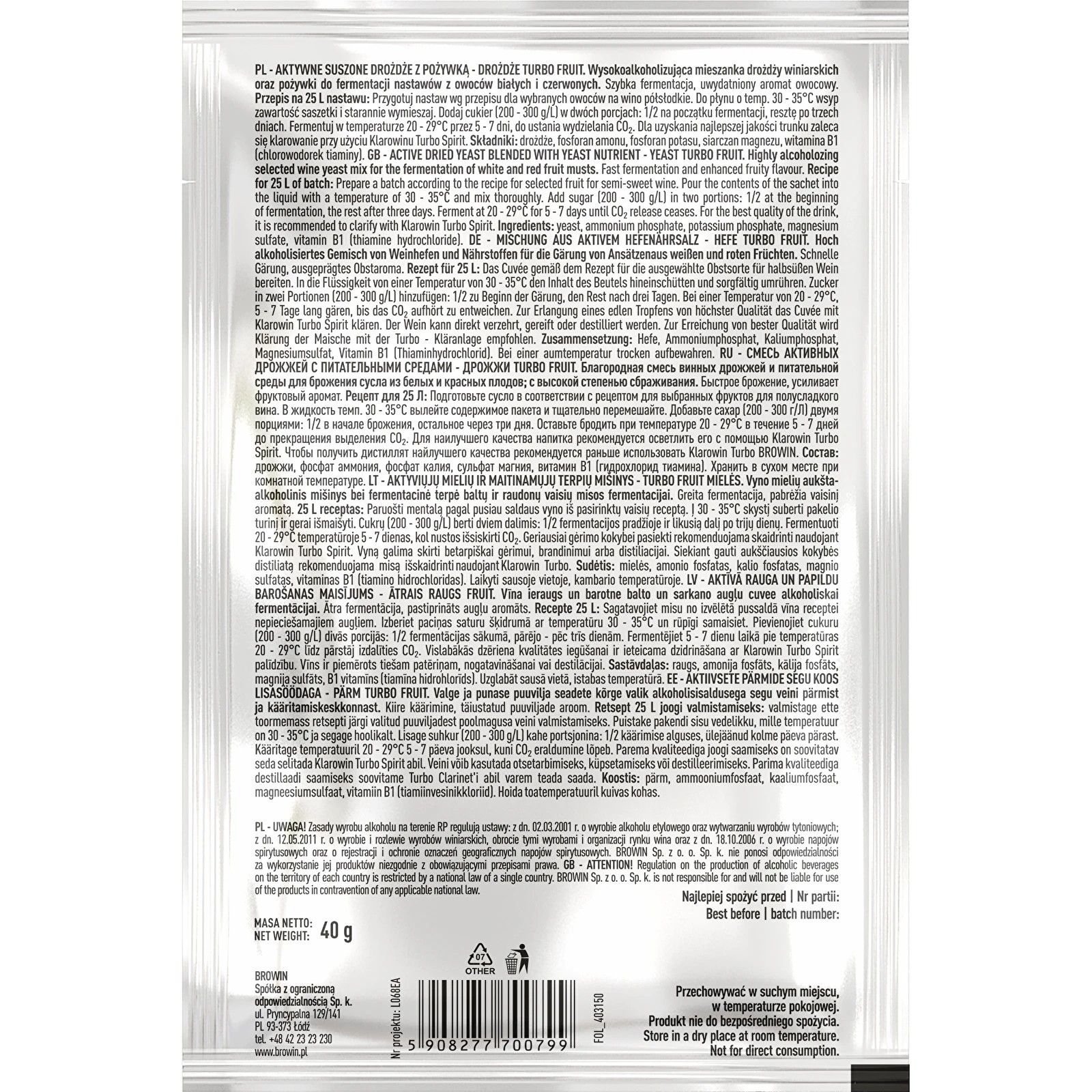 Destilācijas rauga augļi 40g 5-7 dienas