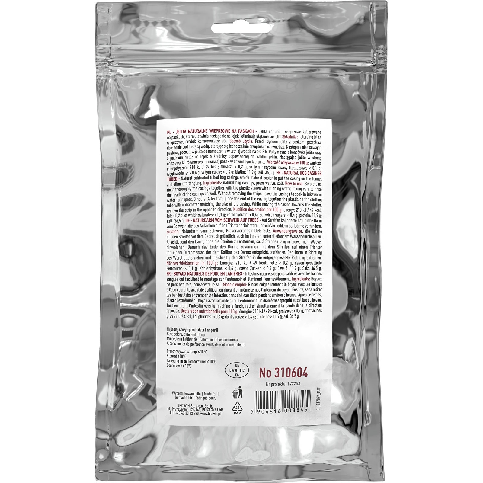 Dabiski sālītas cūku zarnas 28/30mm 20m intubētas