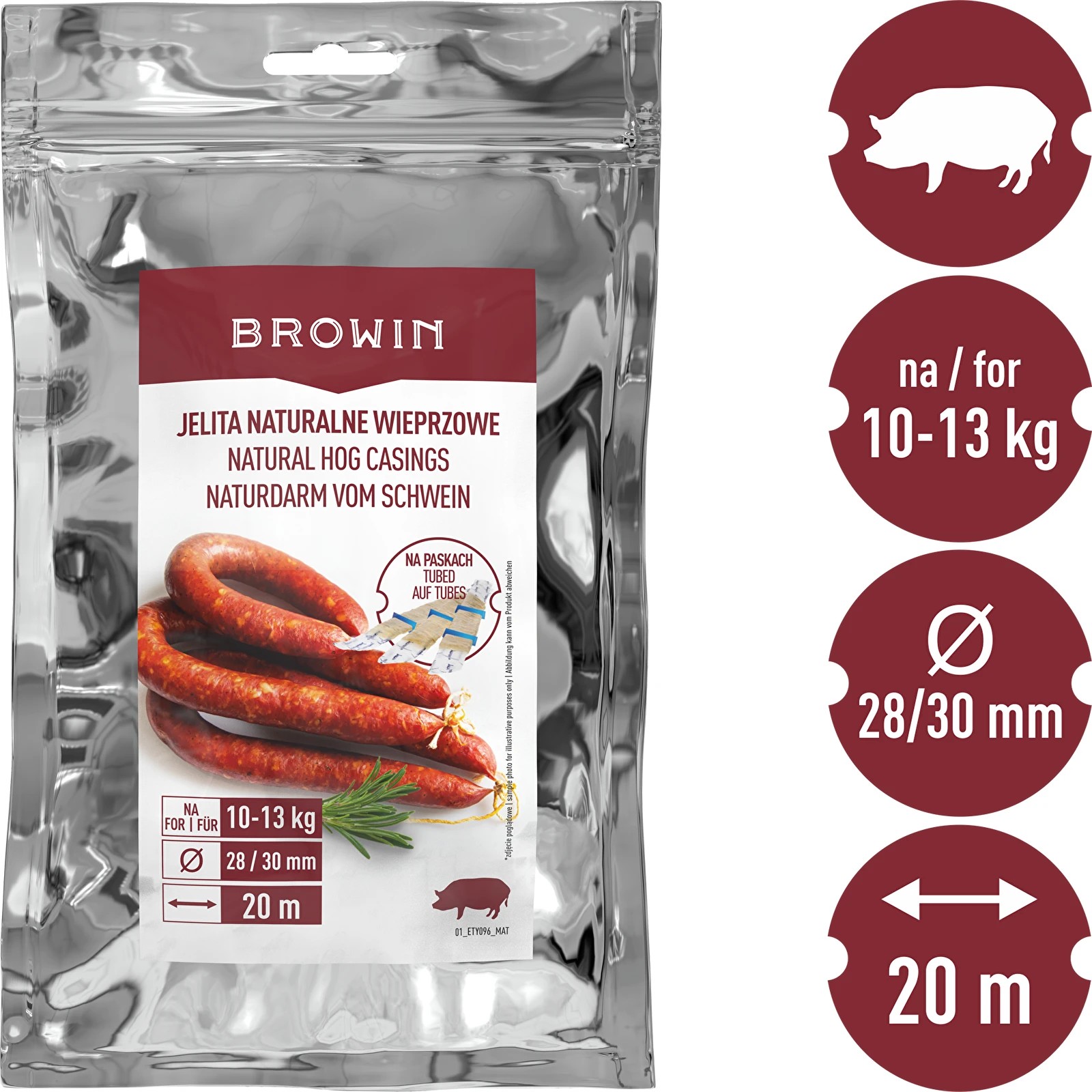 Dabiski sālītas cūku zarnas 28/30mm 20m intubētas