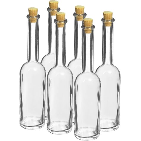 Stikla pudele 100ml ar vāciņu. Komplektā 6 pudeles + korķi.