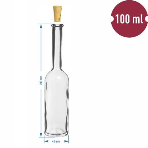 Stikla pudele 100ml ar vāciņu. Komplektā 6 pudeles + korķi.