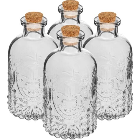 Stikla pudele 240ml ar vāciņu, ar dekoriem. Komplektā 4 pudeles + korķi.