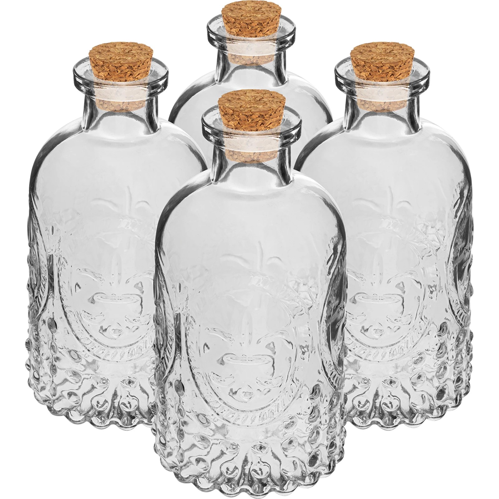 Stikla pudele 240ml ar vāciņu, ar dekoriem. Komplektā 4 pudeles + korķi.