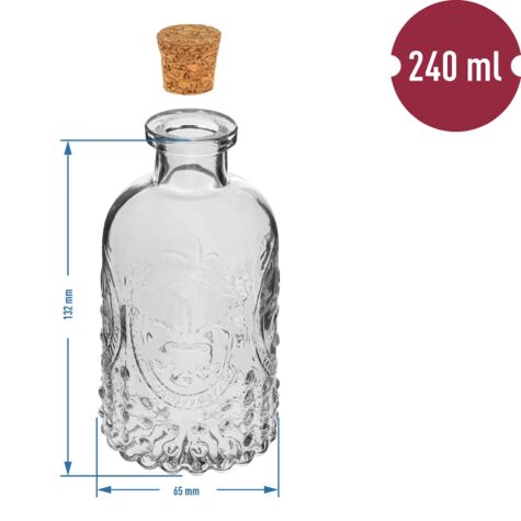 Stikla pudele 240ml ar vāciņu, ar dekoriem. Komplektā 4 pudeles + korķi.