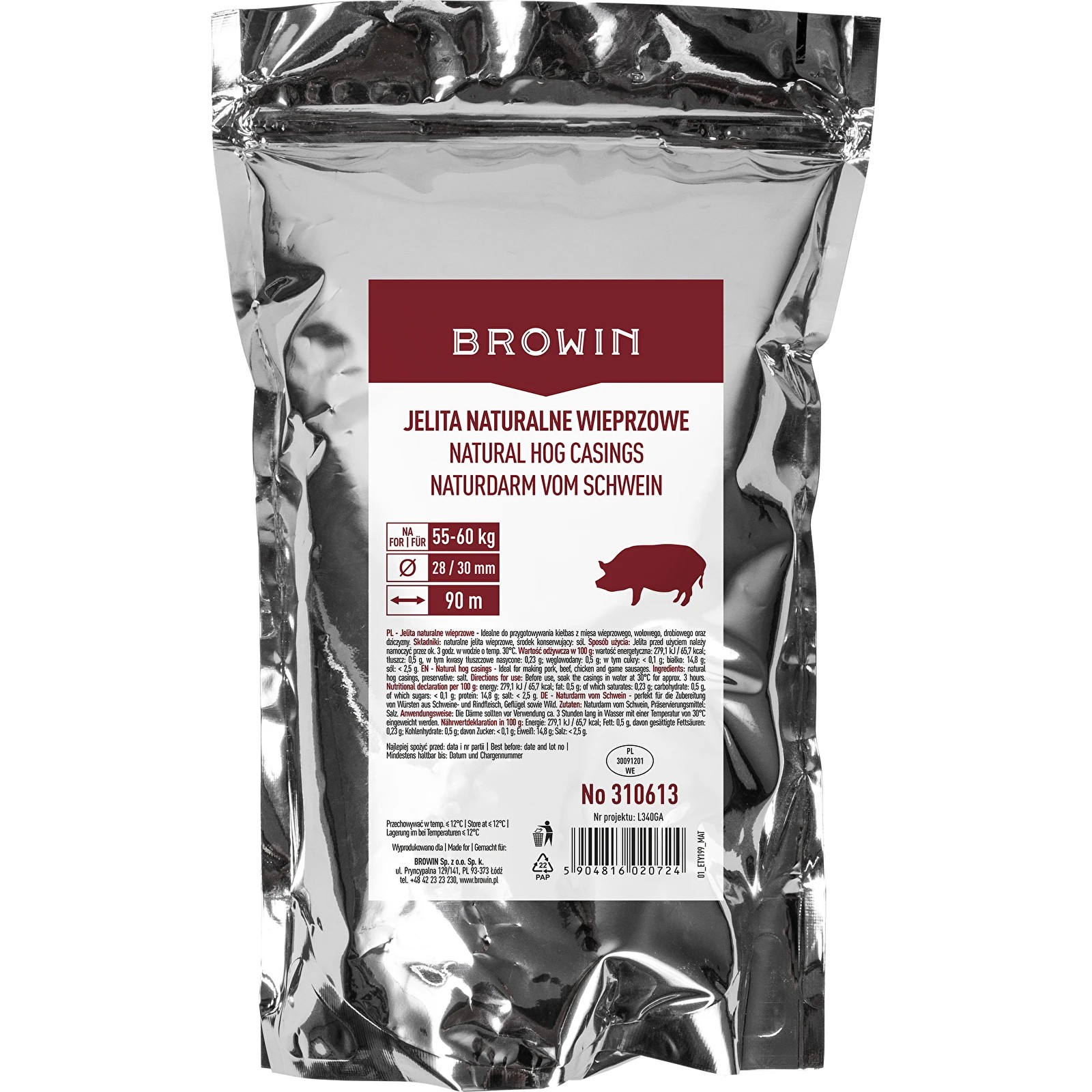 Dabīgi sālītas cūkas zarnas 28/30 mm, 90 m