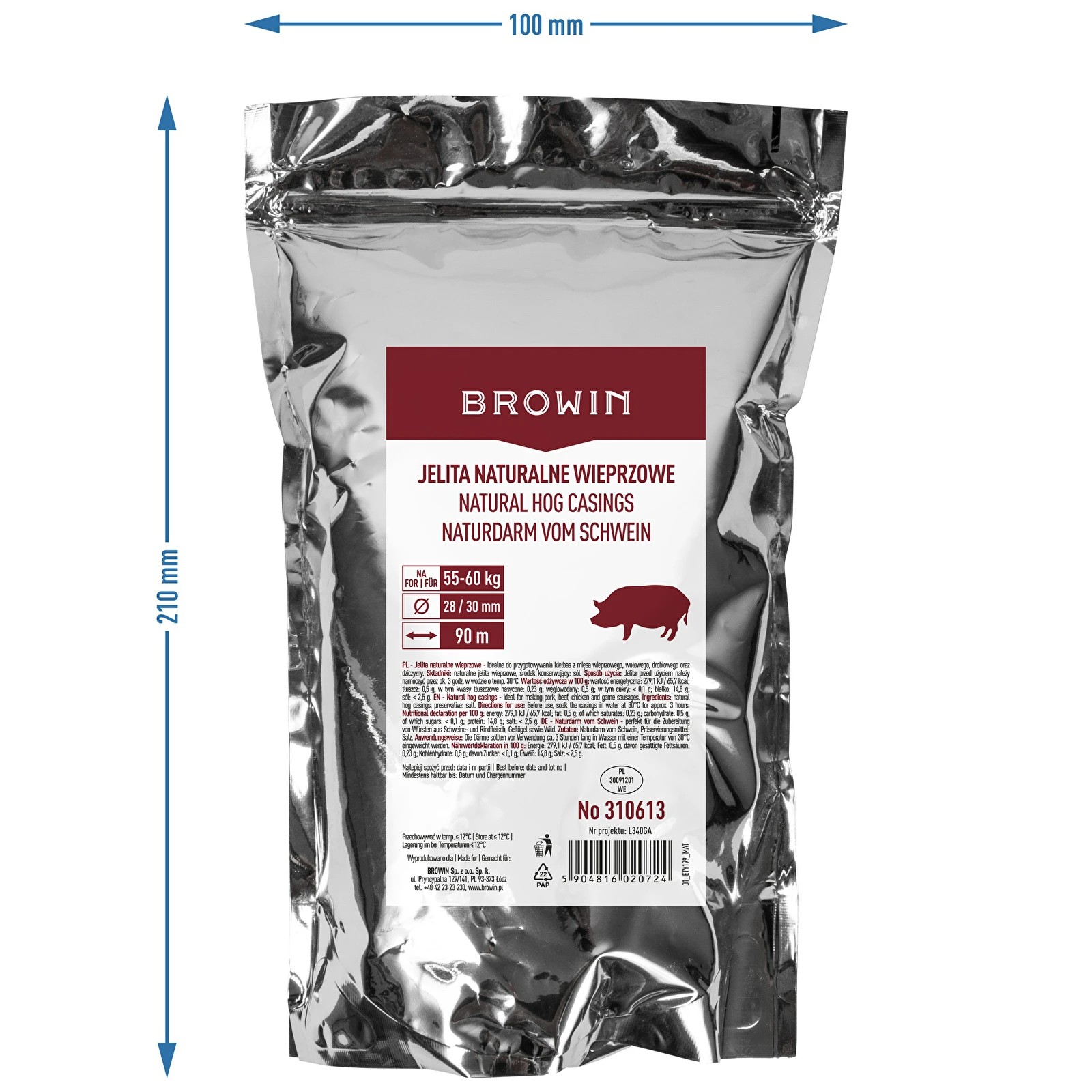 Dabīgi sālītas cūkas zarnas 28/30 mm, 90 m