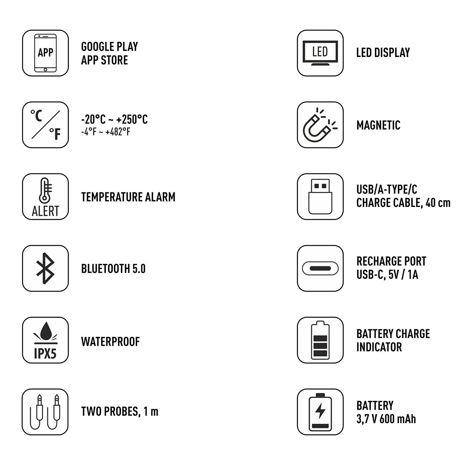 Elektronisks pārtikas termometrs ar Bluetooth un 2 zondēm -20°/+250°C